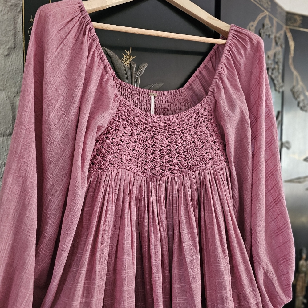 Free People Ari Long-sleeve Crochet  Babydoll Mini Dress SzXS NWOT - Picture 3 of 11